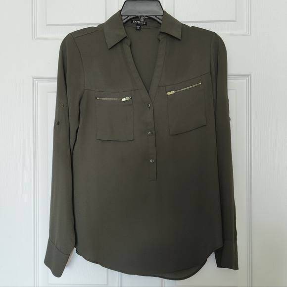 Express Dark Olive Button Down Shirt - Picture 1 of 6
